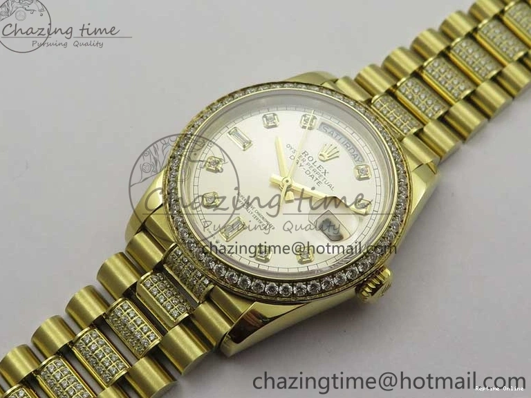 0212 DailyWear Day-Date 36mm 128235 YG Crystal BP Best Edition Silver Crystal Marker Dial on YG President Bracelet A 2676